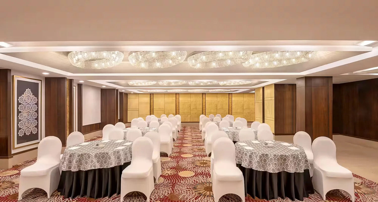 Banquet and conference hall set for sessions at the Radisson Blu Jammu